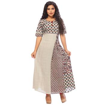 Beige printed cotton ethnic-kurtis 1