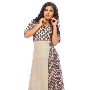 Beige printed cotton ethnic-kurtis 5