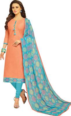 Peach & Sky Blue Cotton Women's Dress Material With Phulkari Dupatta 2