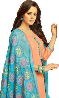 Peach & Sky Blue Cotton Women's Dress Material With Phulkari Dupatta 3