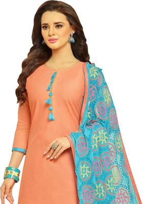 Peach & Sky Blue Cotton Women's Dress Material With Phulkari Dupatta 4