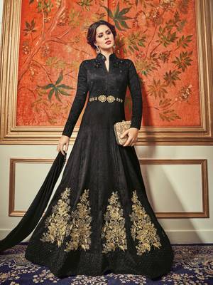Black embroidered dupion semi stitched Anarkali Suit 1