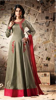 Grey embroidered dupion semi stitched salwar with dupatta 1