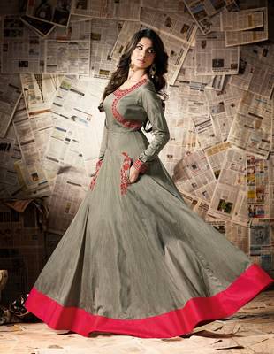 Grey embroidered dupion semi stitched salwar with dupatta 2