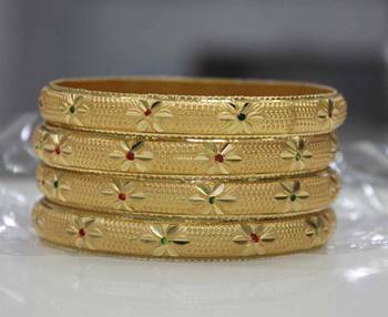 Beautiful Set Of 4 Gold Dyed Bracelets With Flower Design And Meenakari Work 1