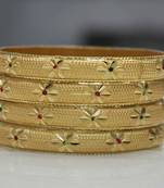 Beautiful Set Of 4 Gold Dyed Bracelets With Flower Design And Meenakari Work