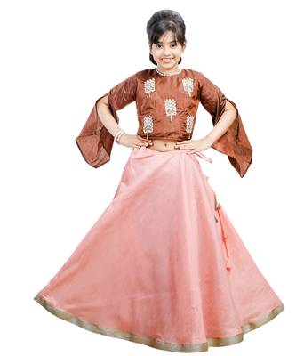 Red Dupian Silk Hand Embroidery Kids Stitched Lehenga With Dupatta 1
