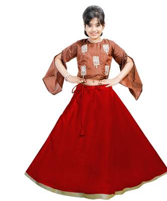 Yellow Dupian Silk Hand Embroidery Kids Stitched Lehenga With Dupatta 1
