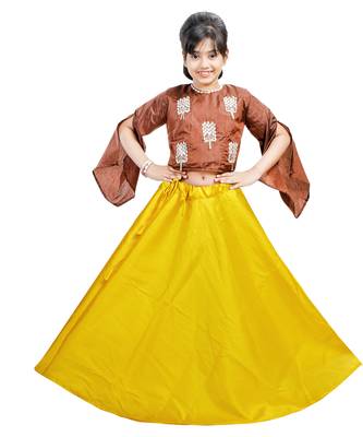 Orange Dupian Silk Hand Embroidery Kids Stitched Lehenga With Dupatta 1