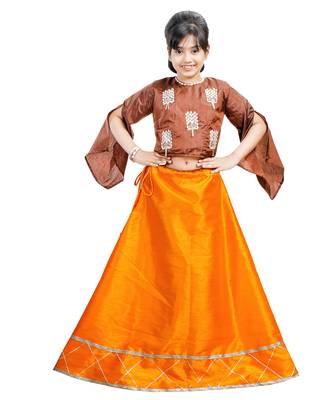 Orange Dupian Silk Hand Embroidery Kids Stitched Lehenga With Dupatta 1
