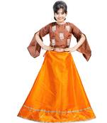 Orange Dupian Silk Hand Embroidery Kids Stitched Lehenga With Dupatta