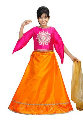 Orange Dupian Silk Hand Embroidery Kids Stitched Lehenga With Dupatta 1