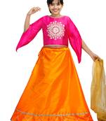 Orange Dupian Silk Hand Embroidery Kids Stitched Lehenga With Dupatta