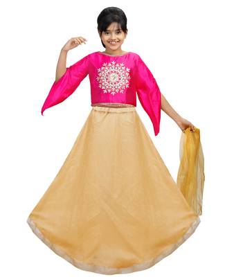 Gold Dupian Silk Hand Embroidery Kids Stitched Lehenga With Dupatta 1