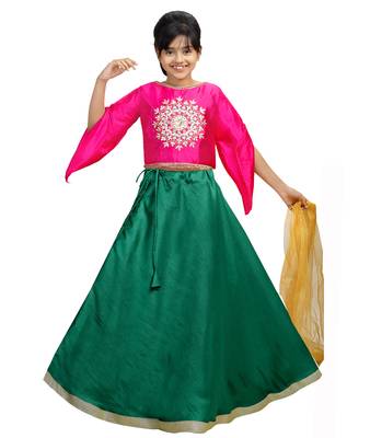 Green Dupian Silk Hand Embroidery Kids Stitched Lehenga With Dupatta 1