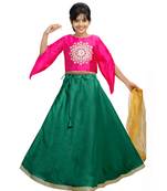 Green Dupian Silk Hand Embroidery Kids Stitched Lehenga With Dupatta