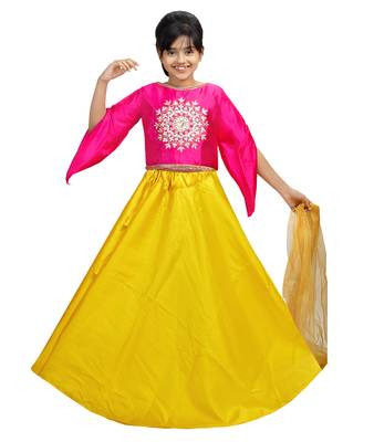 Yellow Dupian Silk Hand Embroidery Kids Stitched Lehenga With Dupatta 1