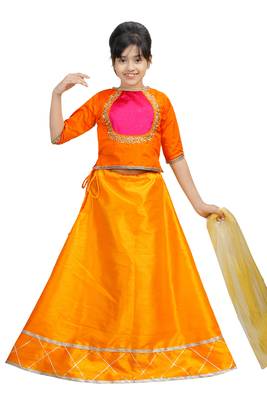 Orange Dupian Silk Hand Embroidery Kids Stitched Lehenga With Dupatta 1