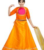 Orange Dupian Silk Hand Embroidery Kids Stitched Lehenga With Dupatta