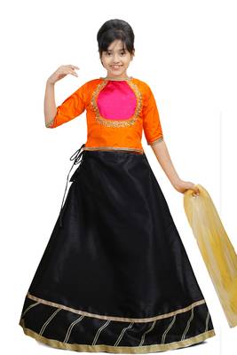 Black Dupian Silk Hand Embroidery Kids Stitched Lehenga With Dupatta 1