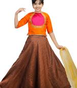 Brown Dupian Silk Hand Embroidery Kids Stitched Lehenga With Dupatta