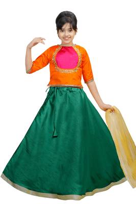 Green Dupian Silk Hand Embroidery Kids Stitched Lehenga With Dupatta 1
