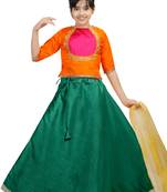 Green Dupian Silk Hand Embroidery Kids Stitched Lehenga With Dupatta