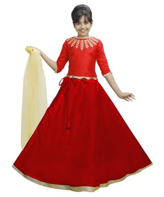 Red Dupian Silk Hand Embroidery Kids Stitched Lehenga With Dupatta 1
