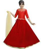 Red Dupian Silk Hand Embroidery Kids Stitched Lehenga With Dupatta