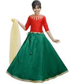 Green Dupian Silk Hand Embroidery Kids Stitched Lehenga With Dupatta