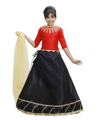 Black Dupian Silk Hand Embroidery Kids Stitched Lehenga With Dupatta 1