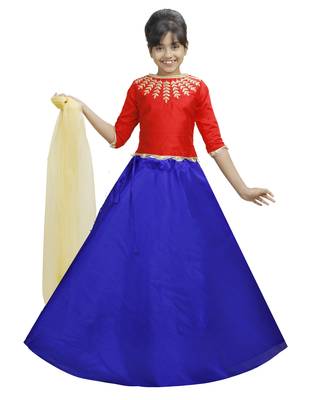 Blue Dupian Silk Hand Embroidery Kids Stitched Lehenga With Dupatta 1