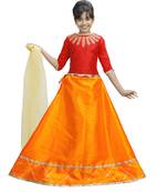 Orange Dupian Silk Hand Embroidery Kids Stitched Lehenga With Dupatta