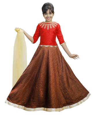 Brown Dupian Silk Hand Embroidery Kids Stitched Lehenga With Dupatta 1