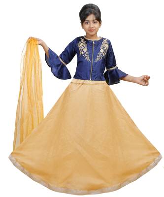 Gold Dupian Silk Hand Embroidery Kids Stitched Lehenga With Dupatta 1