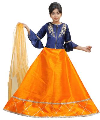 Orange Dupian Silk Hand Embroidery Kids Stitched Lehenga With Dupatta 1