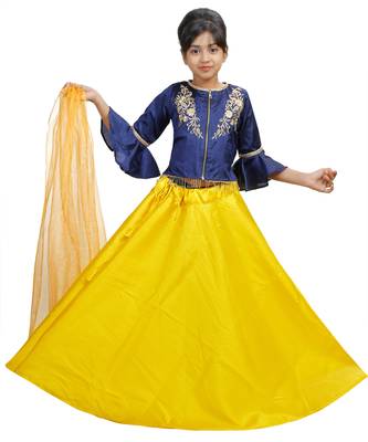 Yellow Dupian Silk Hand Embroidery Kids Stitched Lehenga With Dupatta 1