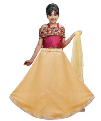 Gold Dupian Silk Hand Embroidery Kids Stitched Lehenga With Dupatta 1