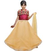 Gold Dupian Silk Hand Embroidery Kids Stitched Lehenga With Dupatta