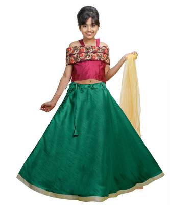 Green Dupian Silk Hand Embroidery Kids Stitched Lehenga With Dupatta 1