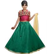 Green Dupian Silk Hand Embroidery Kids Stitched Lehenga With Dupatta