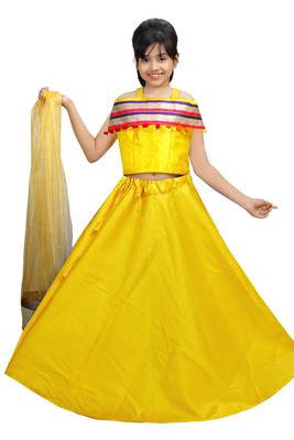 Yellow Dupian Silk Hand Embroidery Kids Stitched Lehenga With Dupatta 1