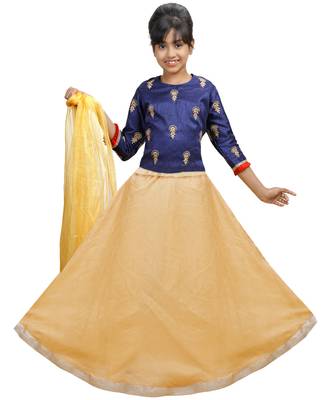 Gold Dupian Silk Hand Embroidery Kids Stitched Lehenga With Dupatta 1