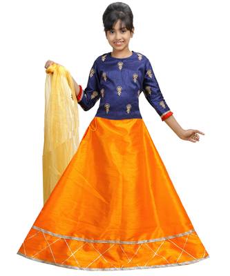 Orange Dupian Silk Hand Embroidery Kids Stitched Lehenga With Dupatta 1