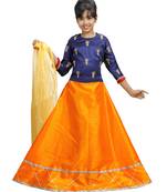 Orange Dupian Silk Hand Embroidery Kids Stitched Lehenga With Dupatta