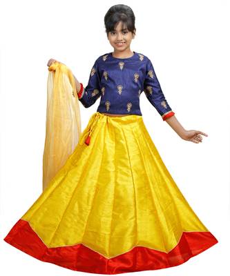Yellow And Red Dupian Silk Hand Embroidery Kids Stitched Lehenga With Dupatta 1