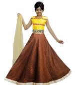 Brown Dupian Silk Hand Embroidery Kids Stitched Lehenga With Dupatta