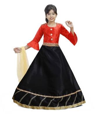 Black Dupian Silk Hand Embroidery Kids Stitched Lehenga With Dupatta 1