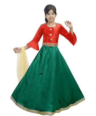 Green Dupian Silk Hand Embroidery Kids Stitched Lehenga With Dupatta 1