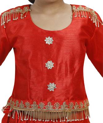 Green Dupian Silk Hand Embroidery Kids Stitched Lehenga With Dupatta 2
